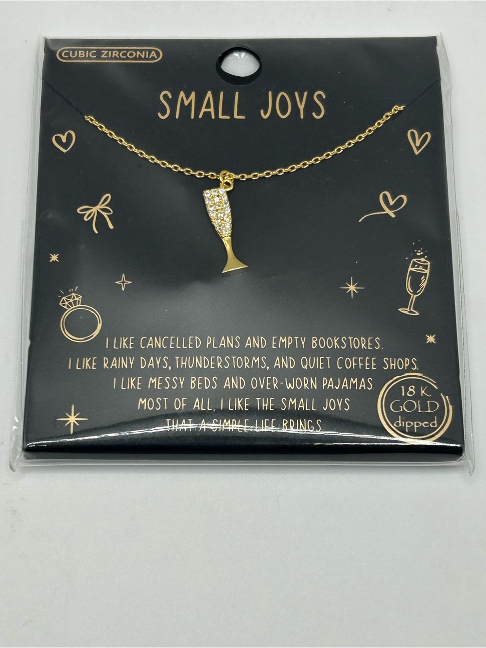 NEW 18K Gold Dipped Champagne Flute Pendant Necklace- Gold Finish/Cubic Zirconia